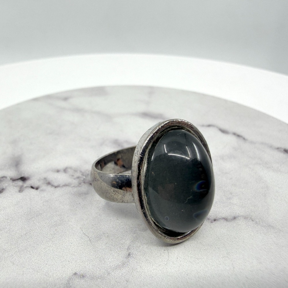 Statement Oval Black Stone Ring Silver Tone Boho Chunky Gothic Minimalist Gift